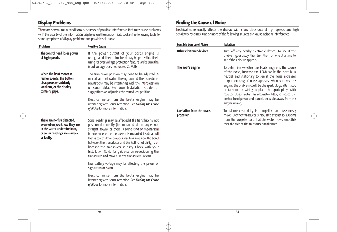 Humminbird 767 manual Display Problems, Finding the Cause of Noise 