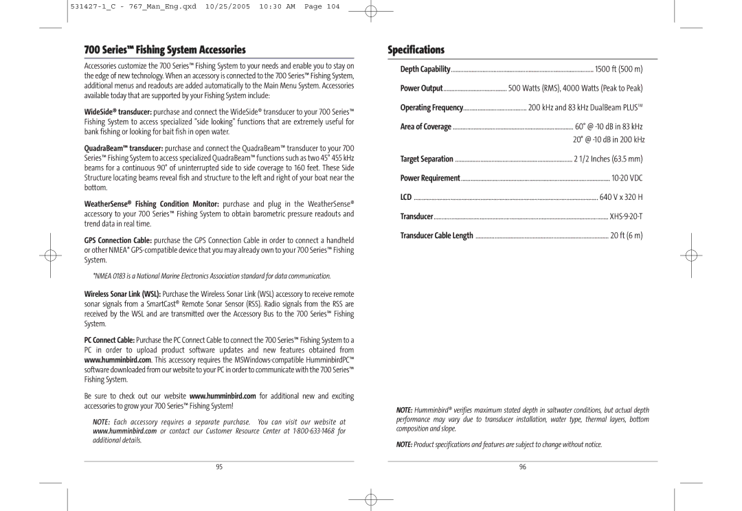 Humminbird 767 manual Series Fishing System Accessories, Specifications 