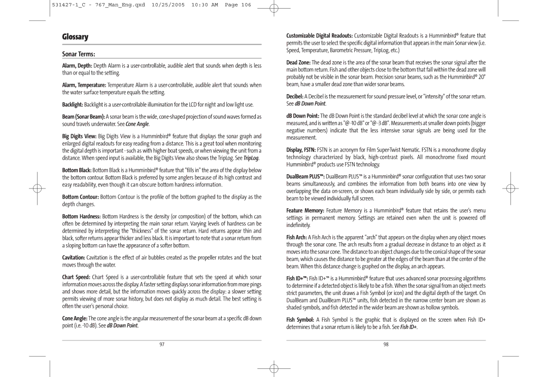 Humminbird 767 manual Glossary, Sonar Terms 