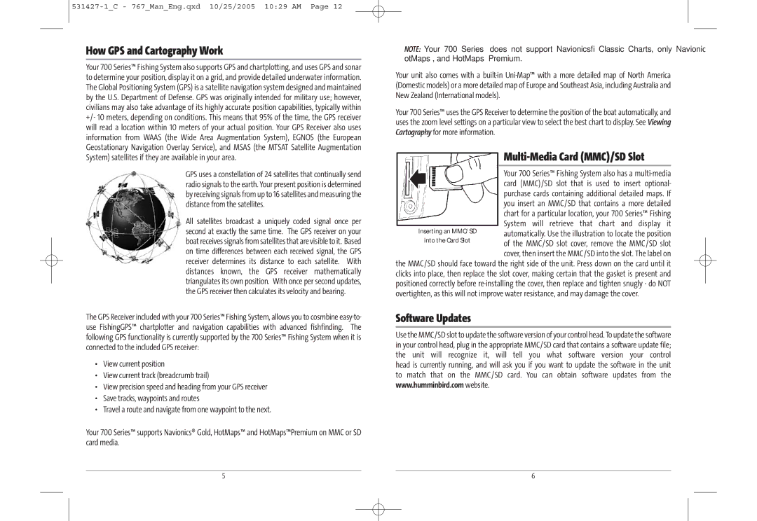 Humminbird 767 manual How GPS and Cartography Work, Multi-Media Card MMC/SD Slot, Software Updates 