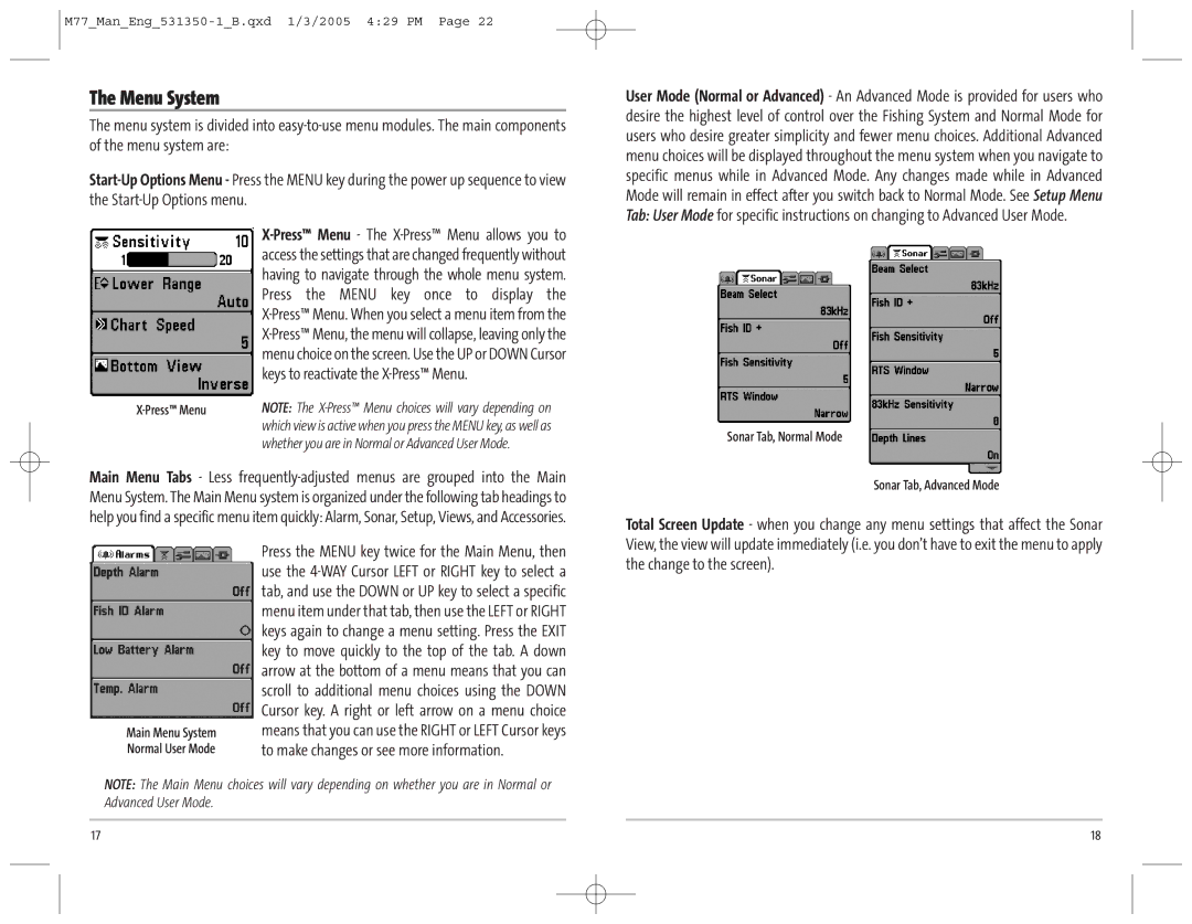 Humminbird 77c Menu System, Press the Menu key once to display, Keys to reactivate the X-Press Menu, Change to the screen 