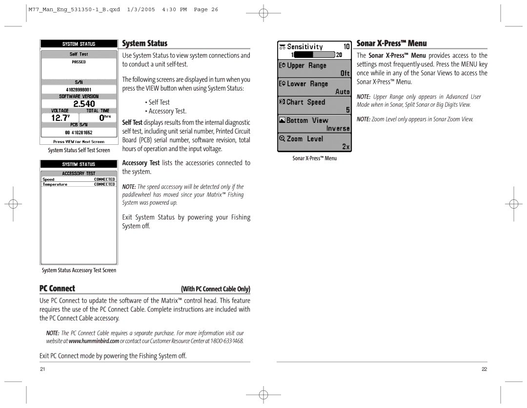 Humminbird 77c manual System Status, PC Connect, Sonar X-Press Menu 