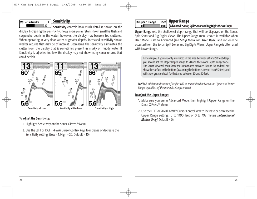 Humminbird 77c manual Upper Range, To adjust the Sensitivity, Highlight Sensitivity on the Sonar X-Press Menu 