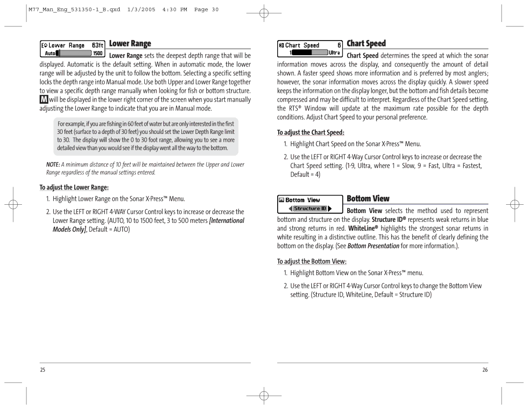 Humminbird 77c manual Lower Range, Chart Speed, Bottom View 