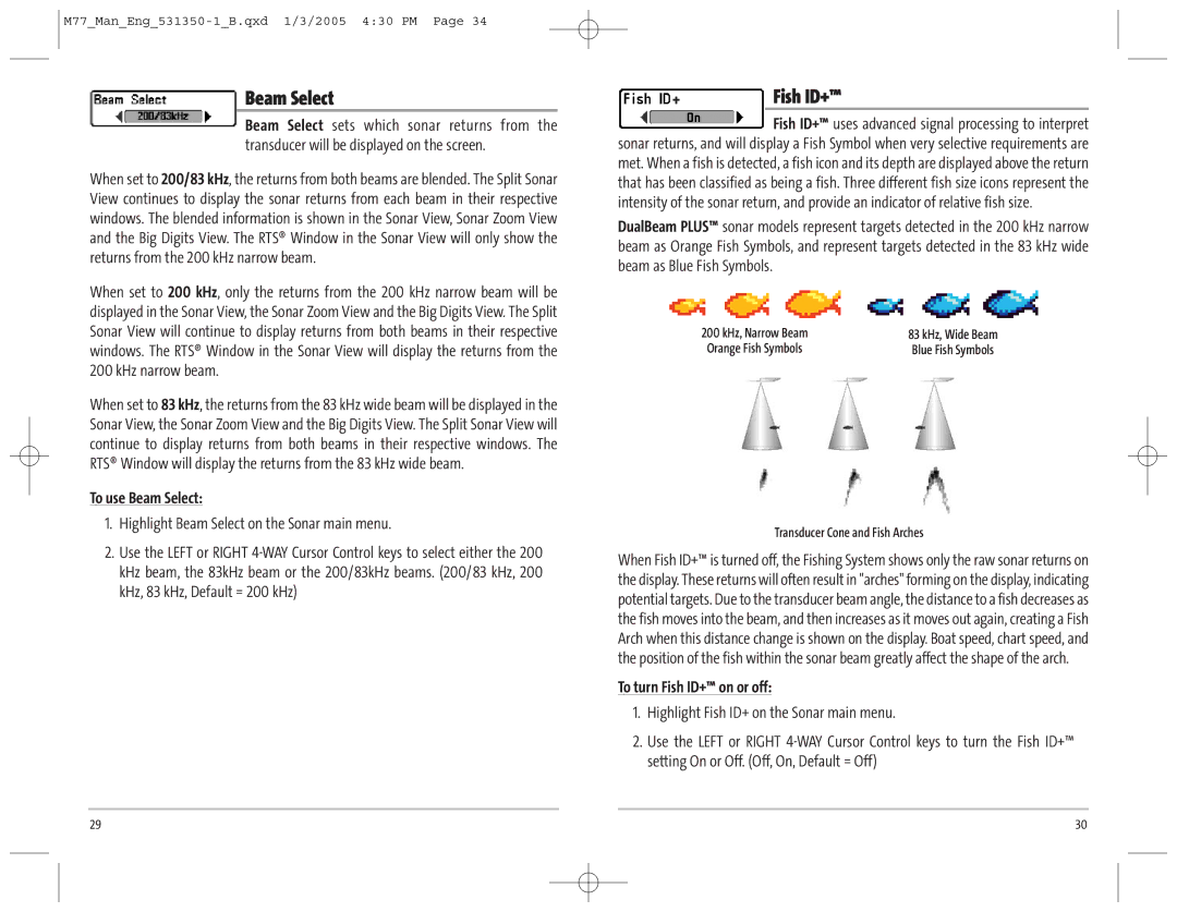 Humminbird 77c manual To use Beam Select, Highlight Beam Select on the Sonar main menu, To turn Fish ID+ on or off 