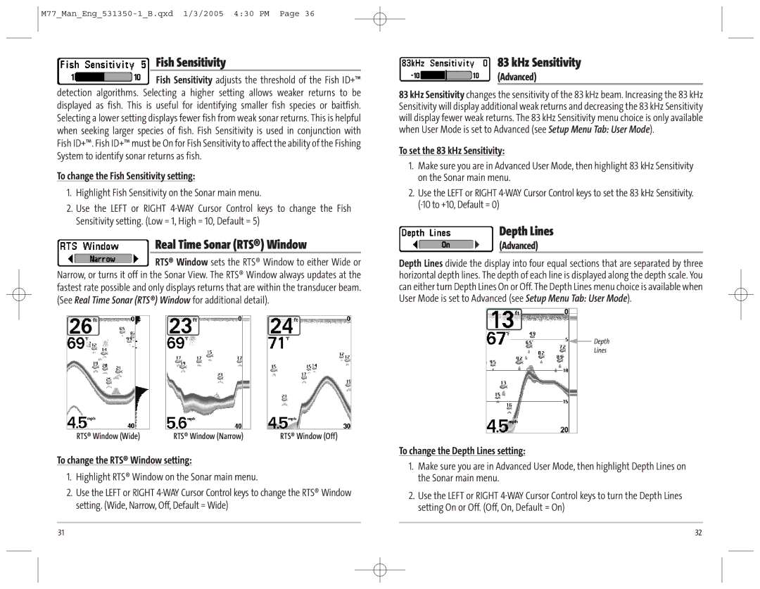 Humminbird 77c manual Fish Sensitivity, KHz Sensitivity, Depth Lines 