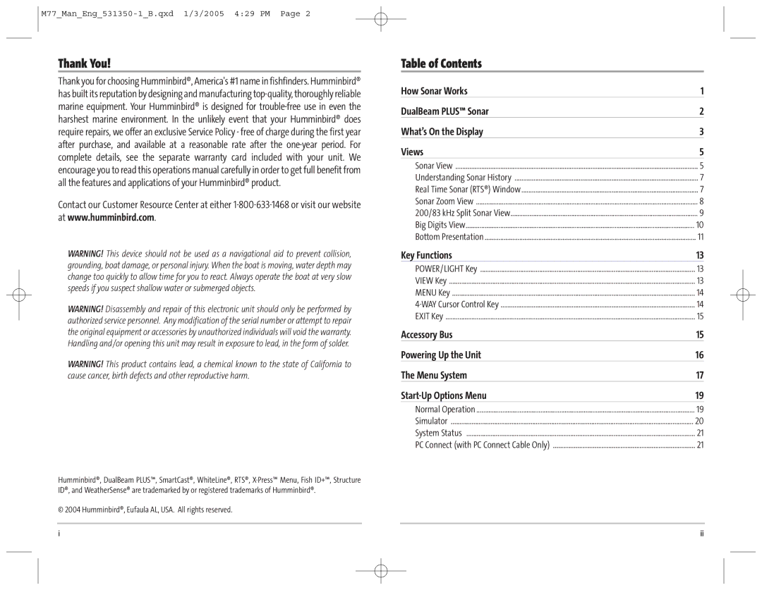 Humminbird 77c manual Thank You, Table of Contents 