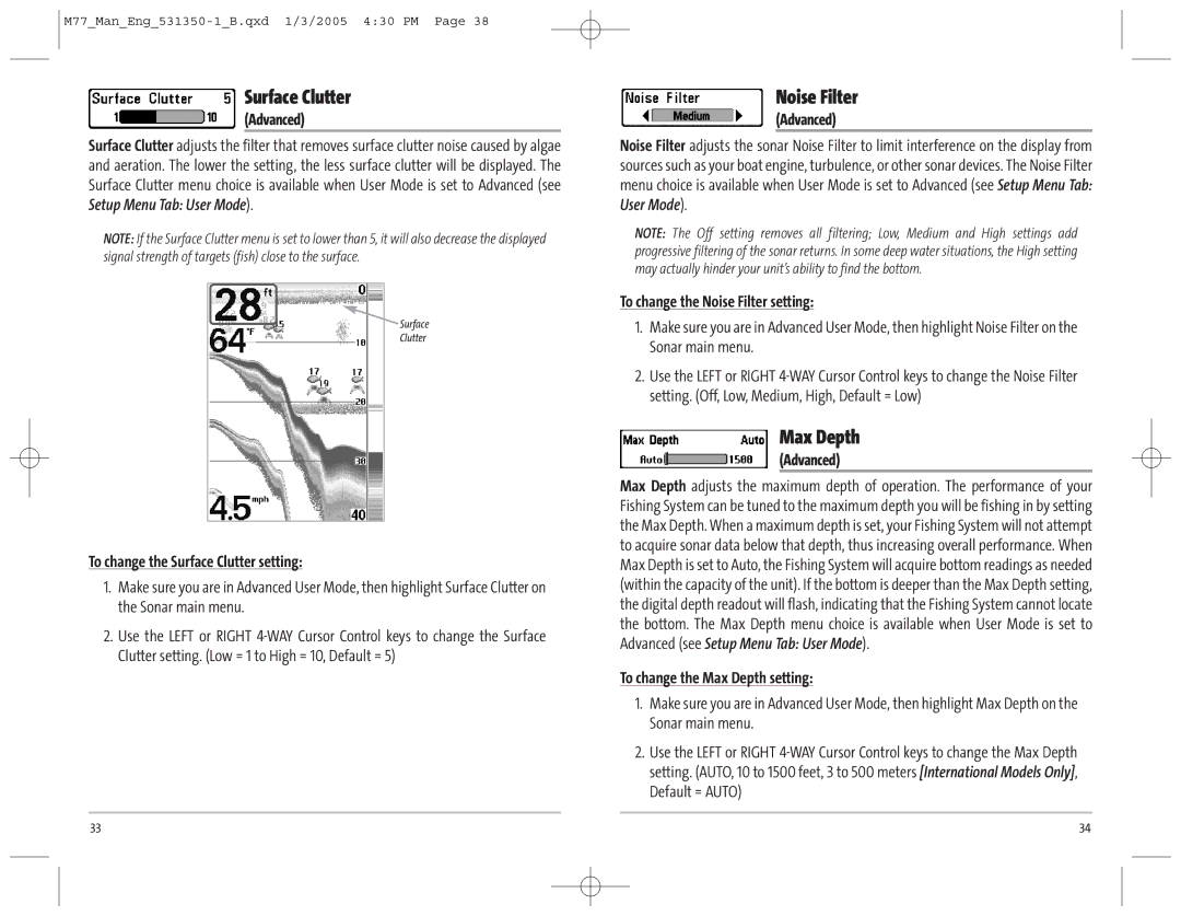 Humminbird 77c manual Surface Clutter, Noise Filter, Max Depth 