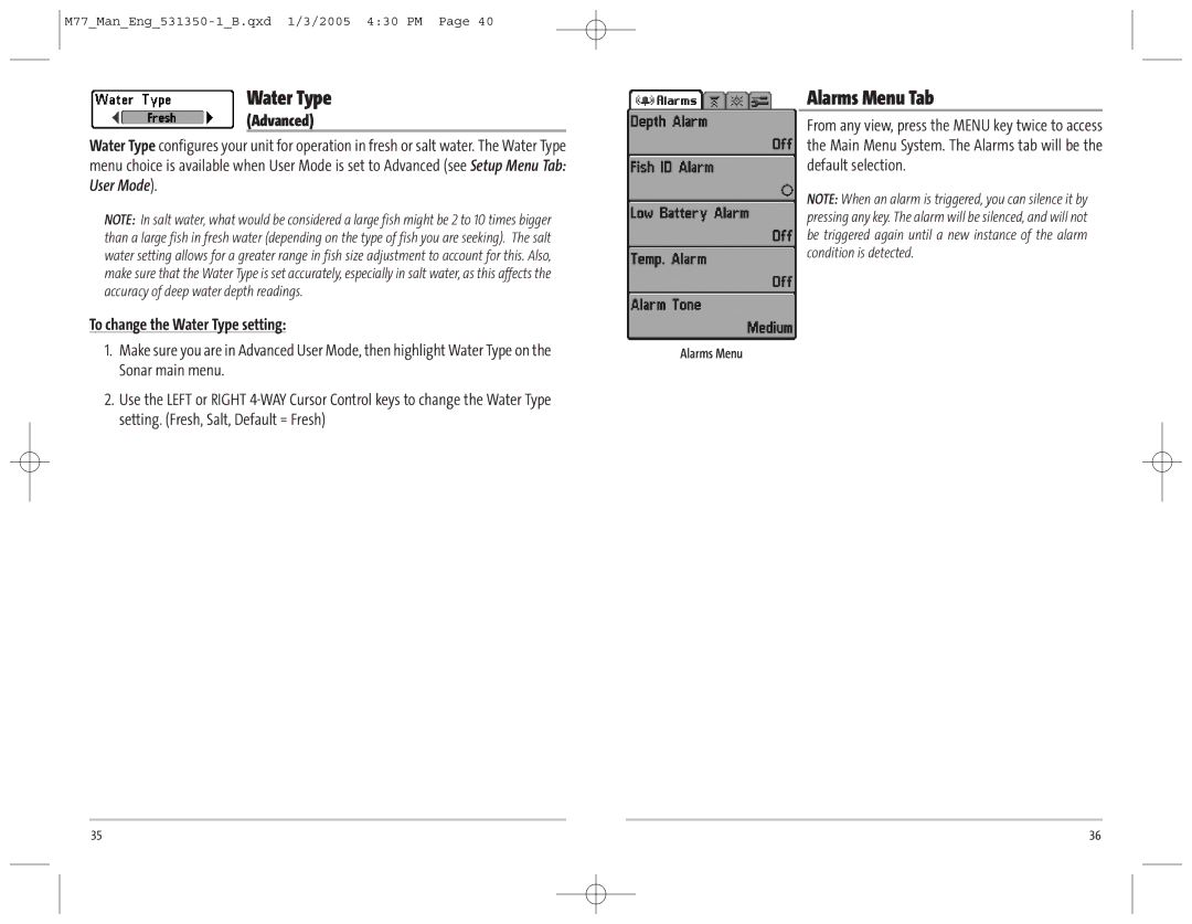 Humminbird 77c manual Alarms Menu Tab, To change the Water Type setting, Sonar main menu 