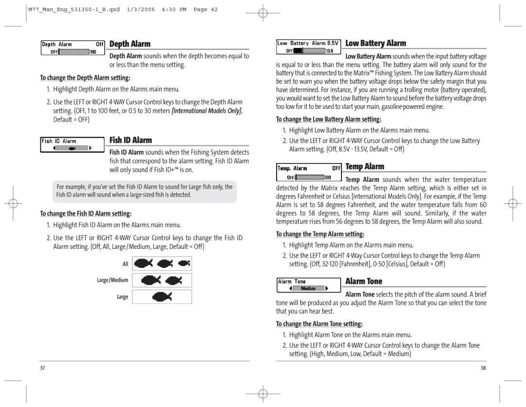 Humminbird 77c manual Depth Alarm, Fish ID Alarm, Low Battery Alarm, Temp Alarm, Alarm Tone 