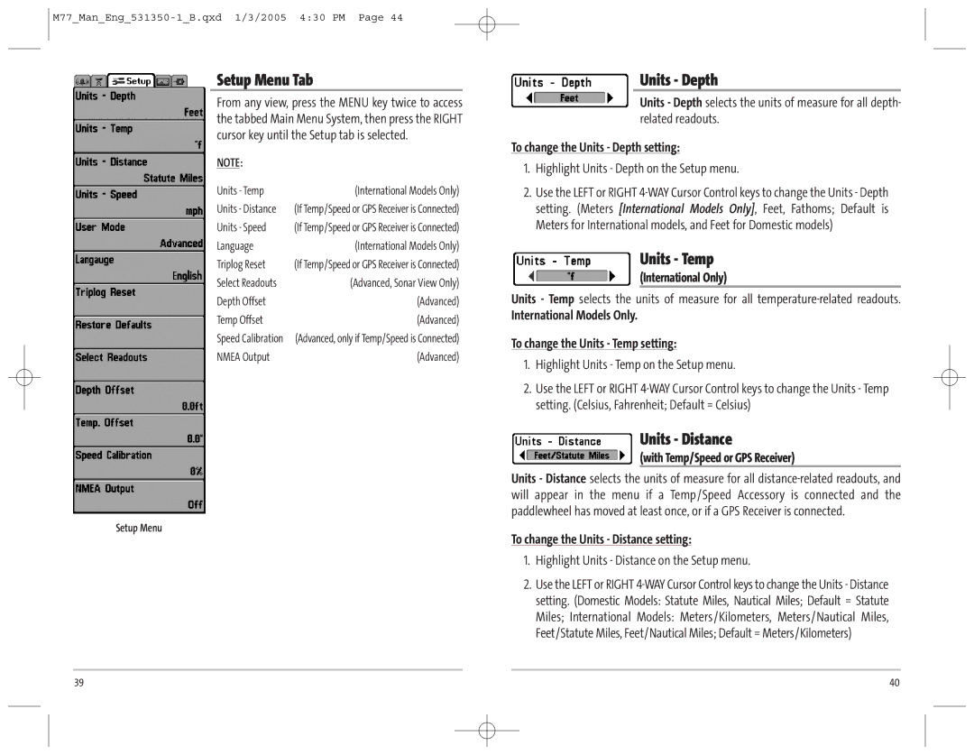 Humminbird 77c manual Setup Menu Tab, Units Depth, Units Temp, Units Distance 