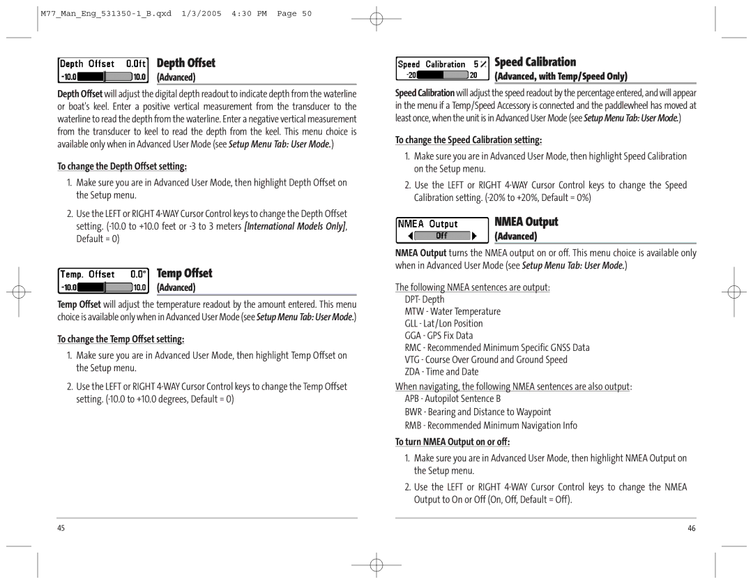 Humminbird 77c manual Depth Offset, Temp Offset, Speed Calibration, Nmea Output 