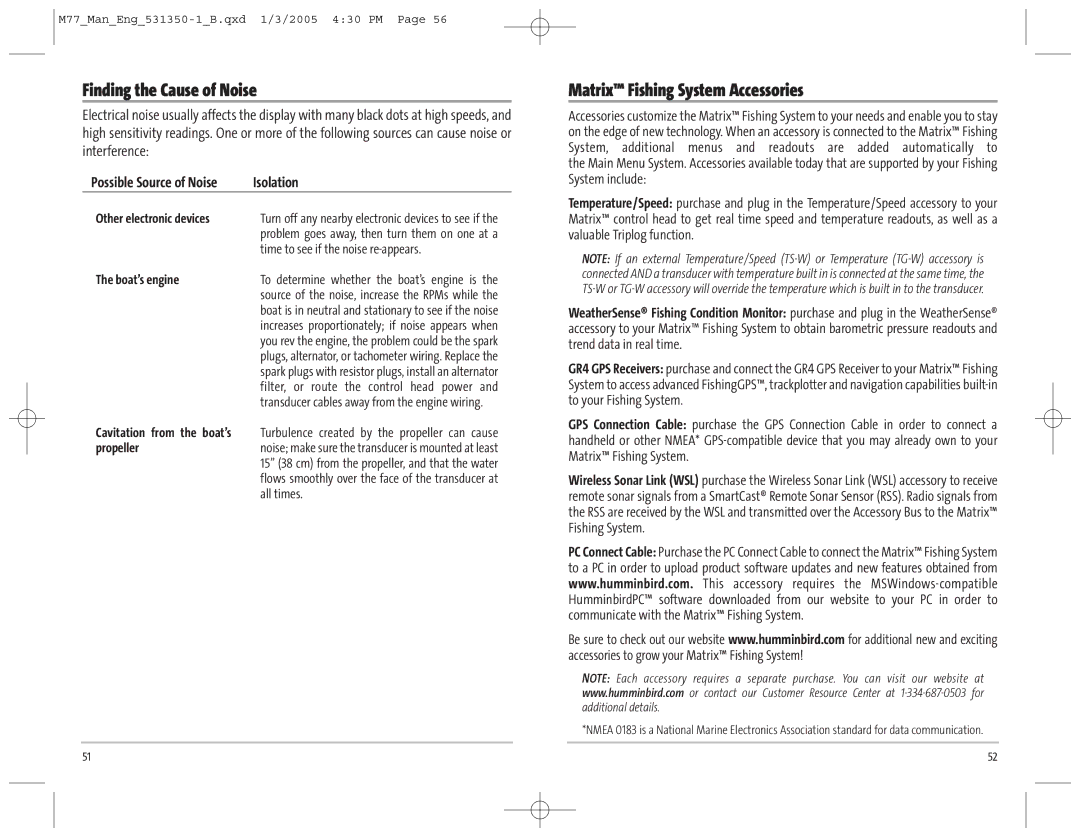 Humminbird 77c manual Finding the Cause of Noise, Matrix Fishing System Accessories, Isolation 