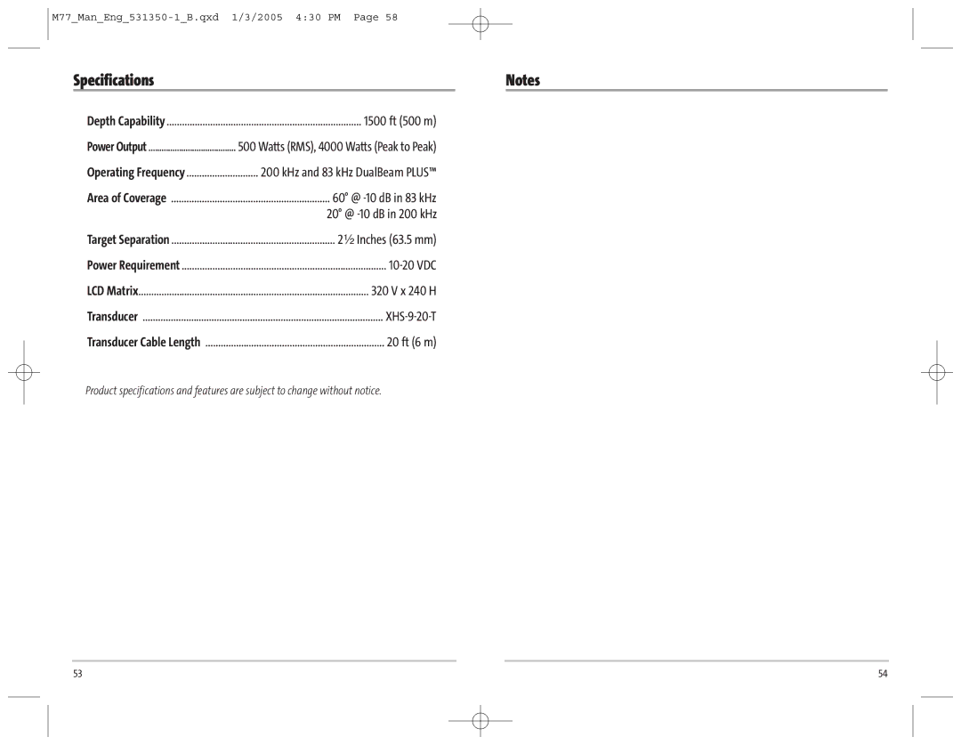 Humminbird 77c manual Specifications 