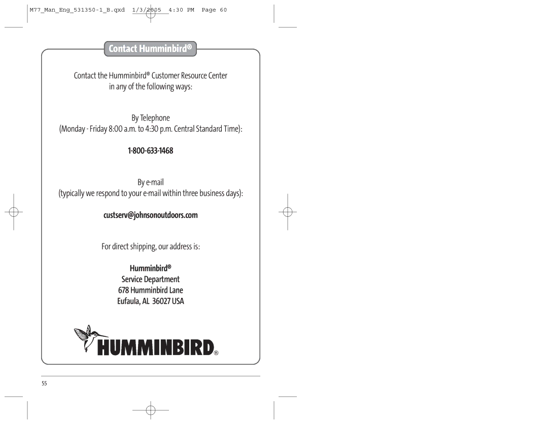 Humminbird 77c manual Contact Humminbird 