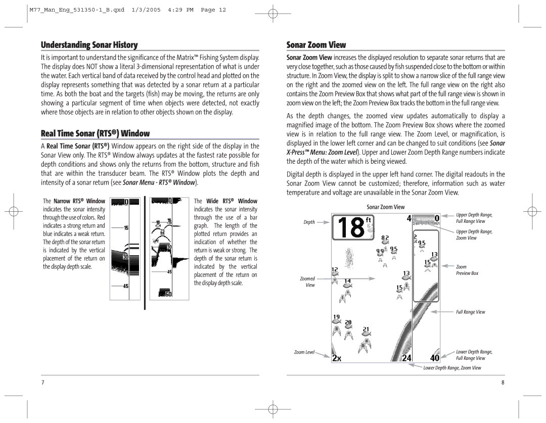 Humminbird 77c manual Understanding Sonar History, Real Time Sonar RTS Window, Sonar Zoom View 