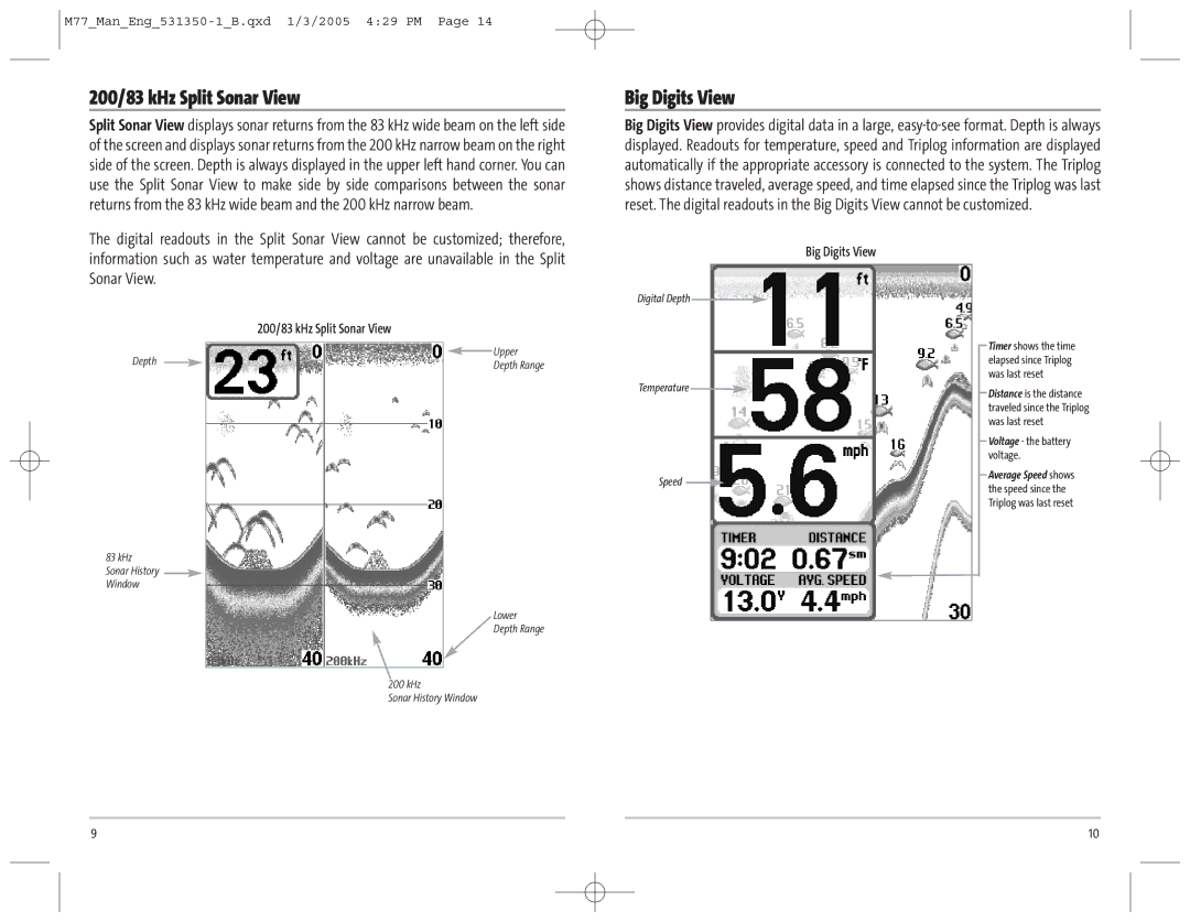 Humminbird 77c manual 200/83 kHz Split Sonar View, Big Digits View 