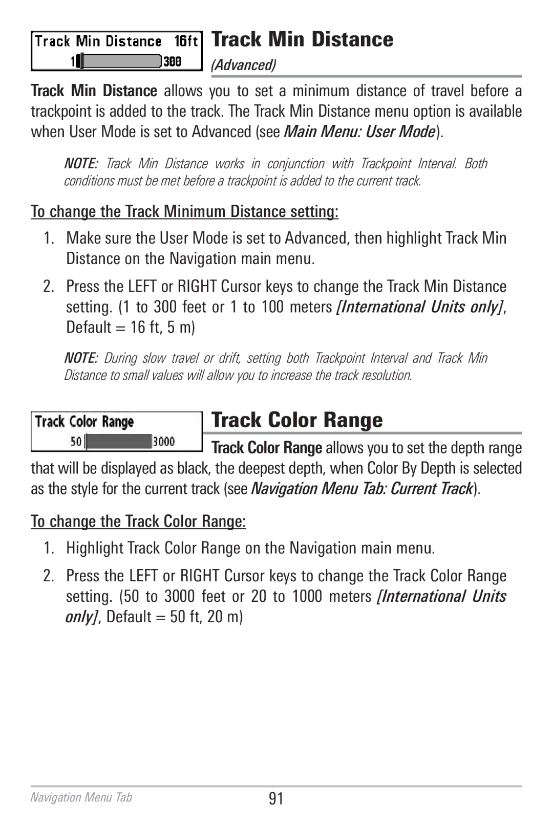 Humminbird 786CI manual Track Min Distance, Track Color Range 