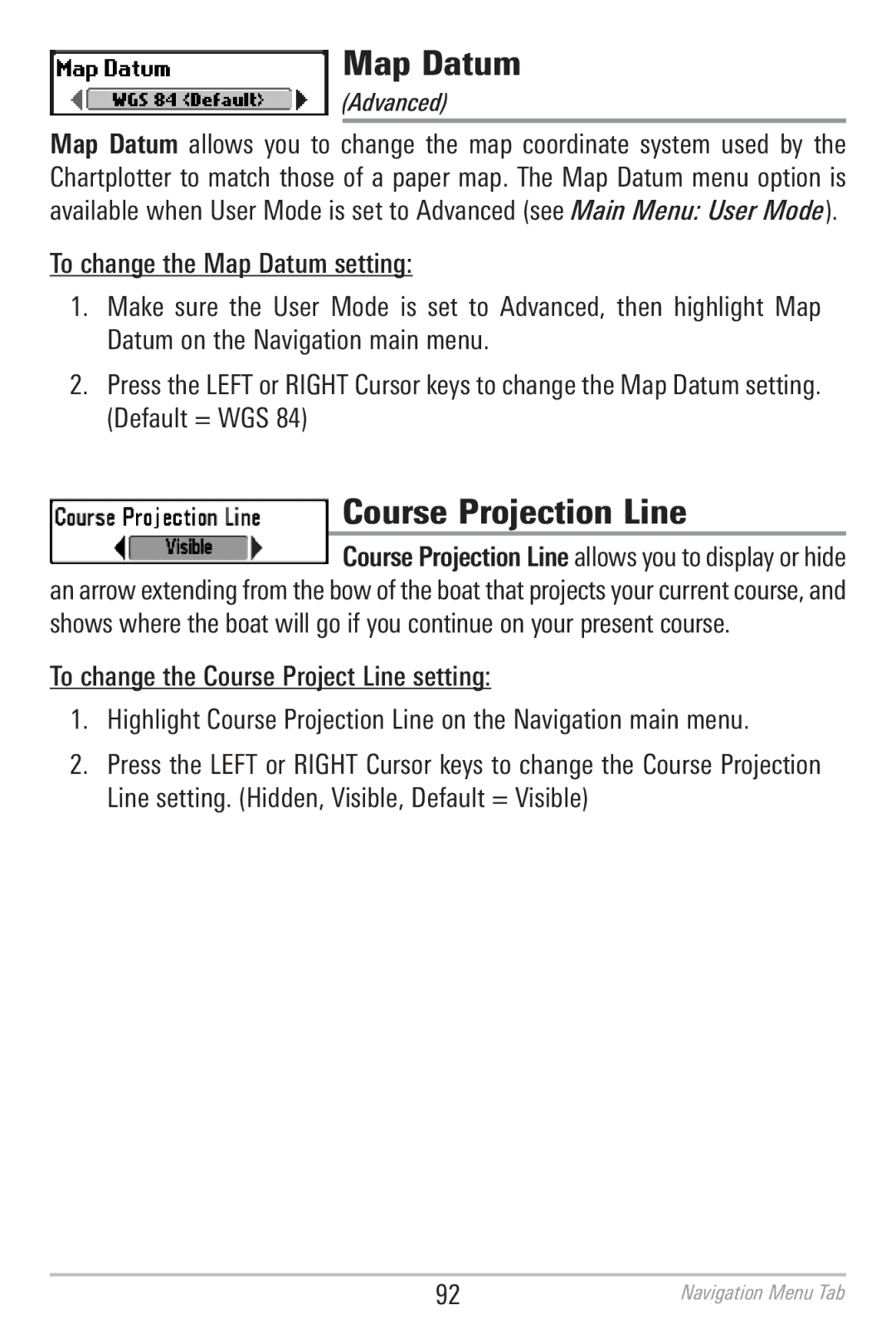 Humminbird 786CI manual Map Datum, Course Projection Line 