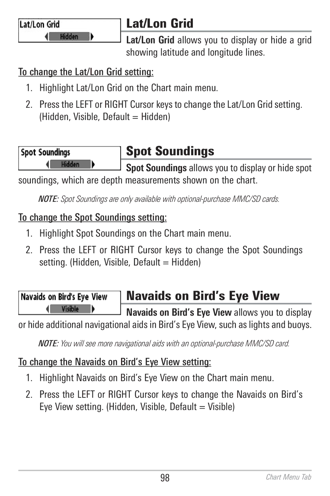 Humminbird 786CI manual Lat/Lon Grid, Spot Soundings, Navaids on Bird’s Eye View 