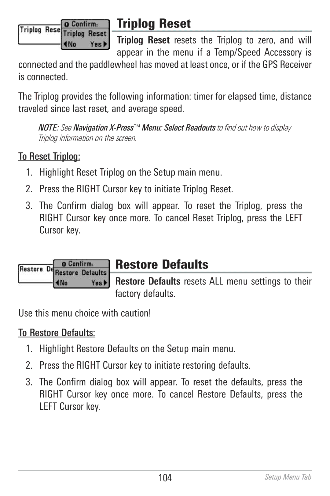 Humminbird 786CI manual Triplog Reset, Restore Defaults 