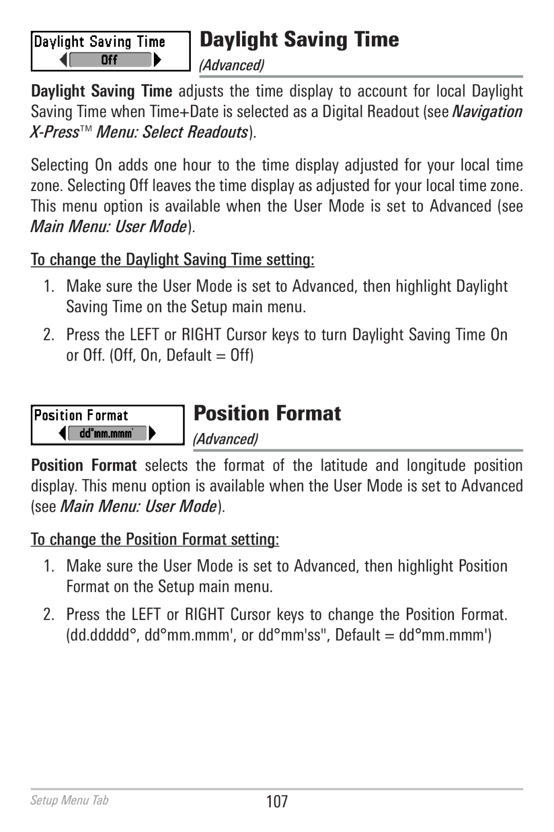 Humminbird 786CI manual Daylight Saving Time, Position Format 