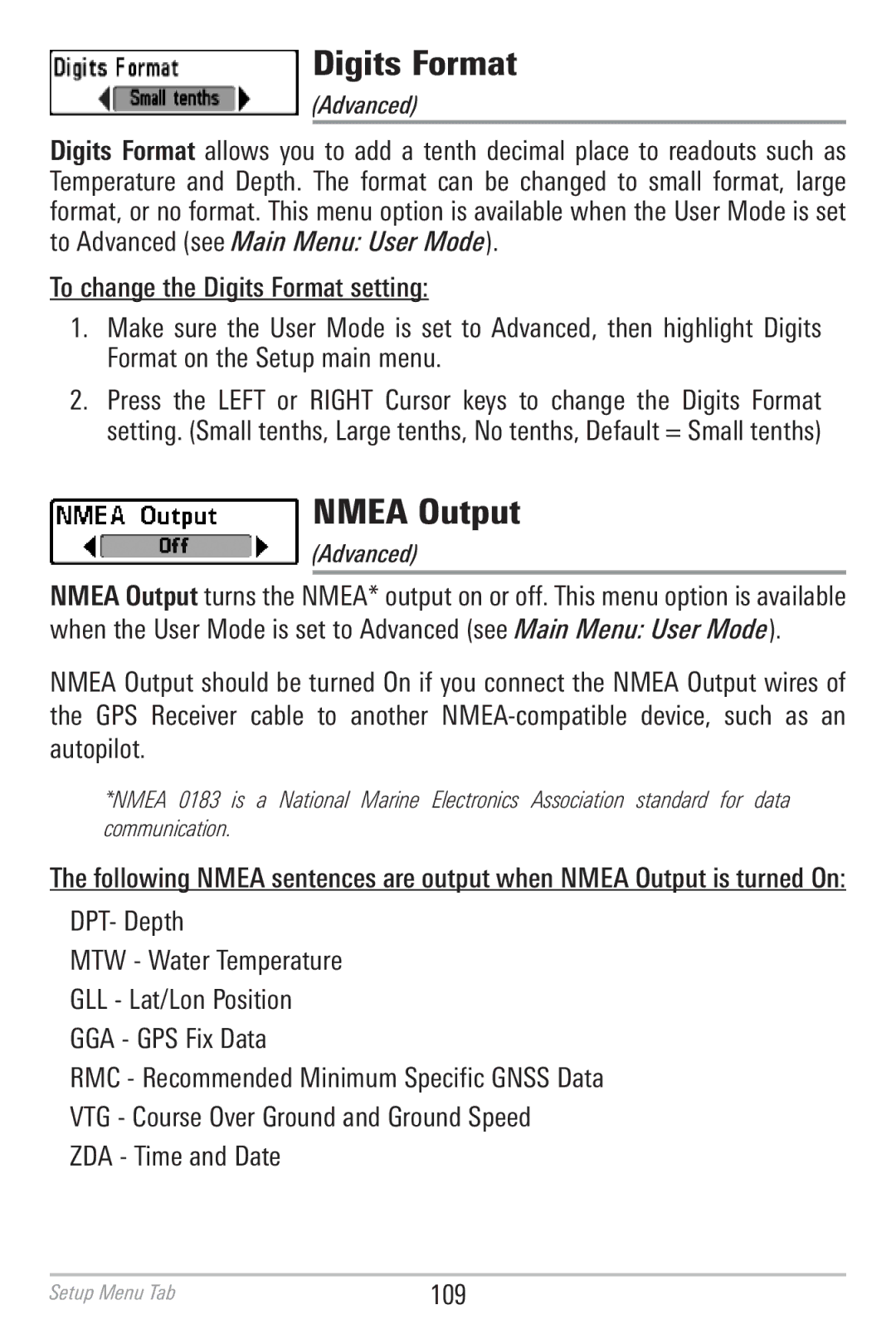 Humminbird 786CI manual Digits Format, Nmea Output, Format on the Setup main menu 