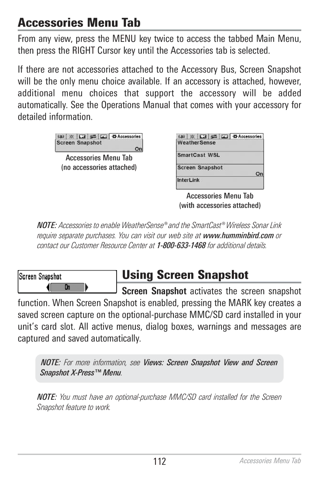 Humminbird 786CI manual Accessories Menu Tab, Using Screen Snapshot 