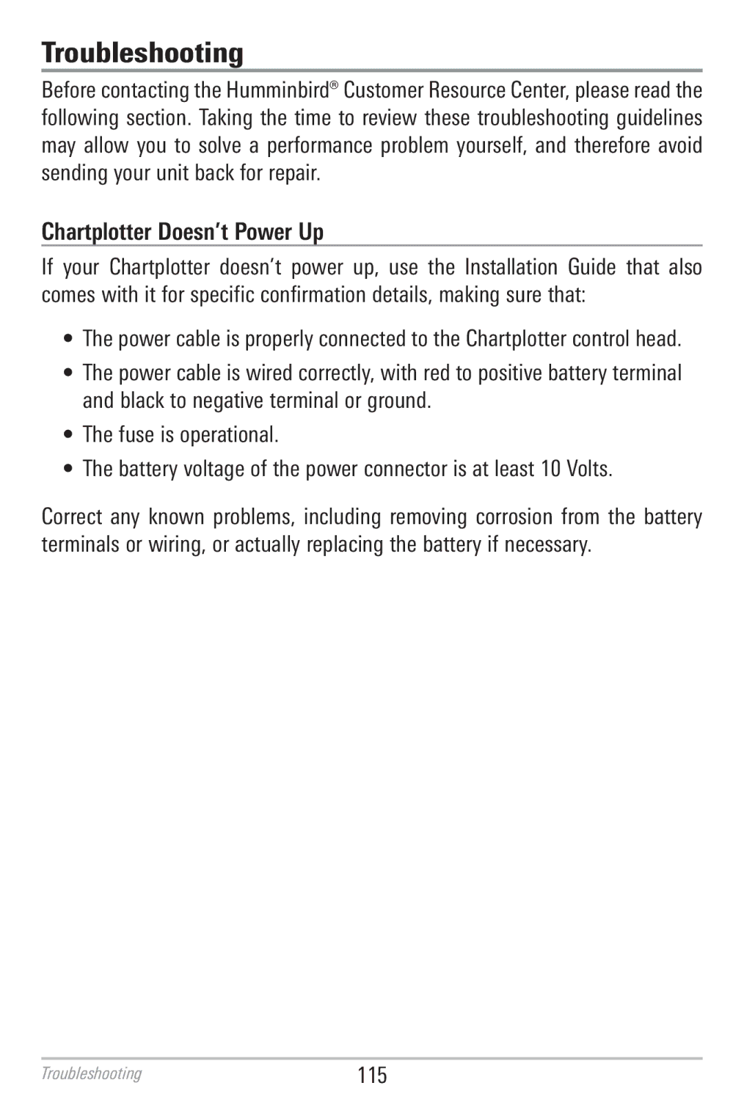 Humminbird 786CI manual Troubleshooting, Chartplotter Doesn’t Power Up 