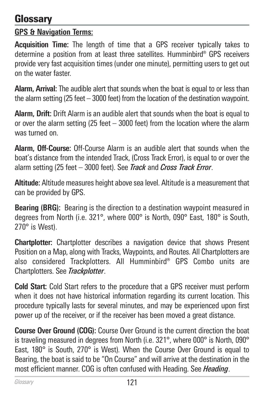 Humminbird 786CI manual Glossary, GPS & Navigation Terms 