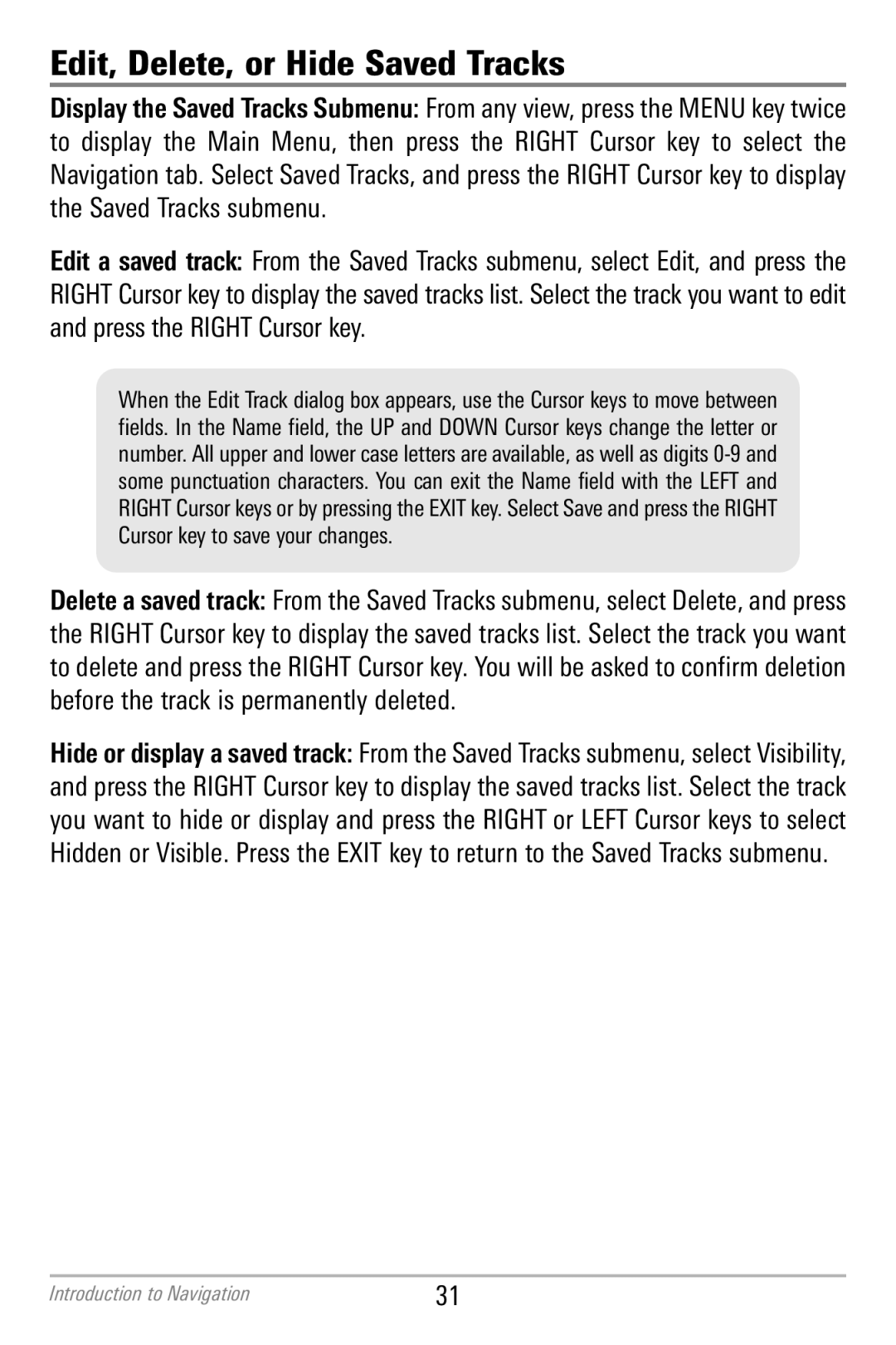 Humminbird 786CI manual Edit, Delete, or Hide Saved Tracks 