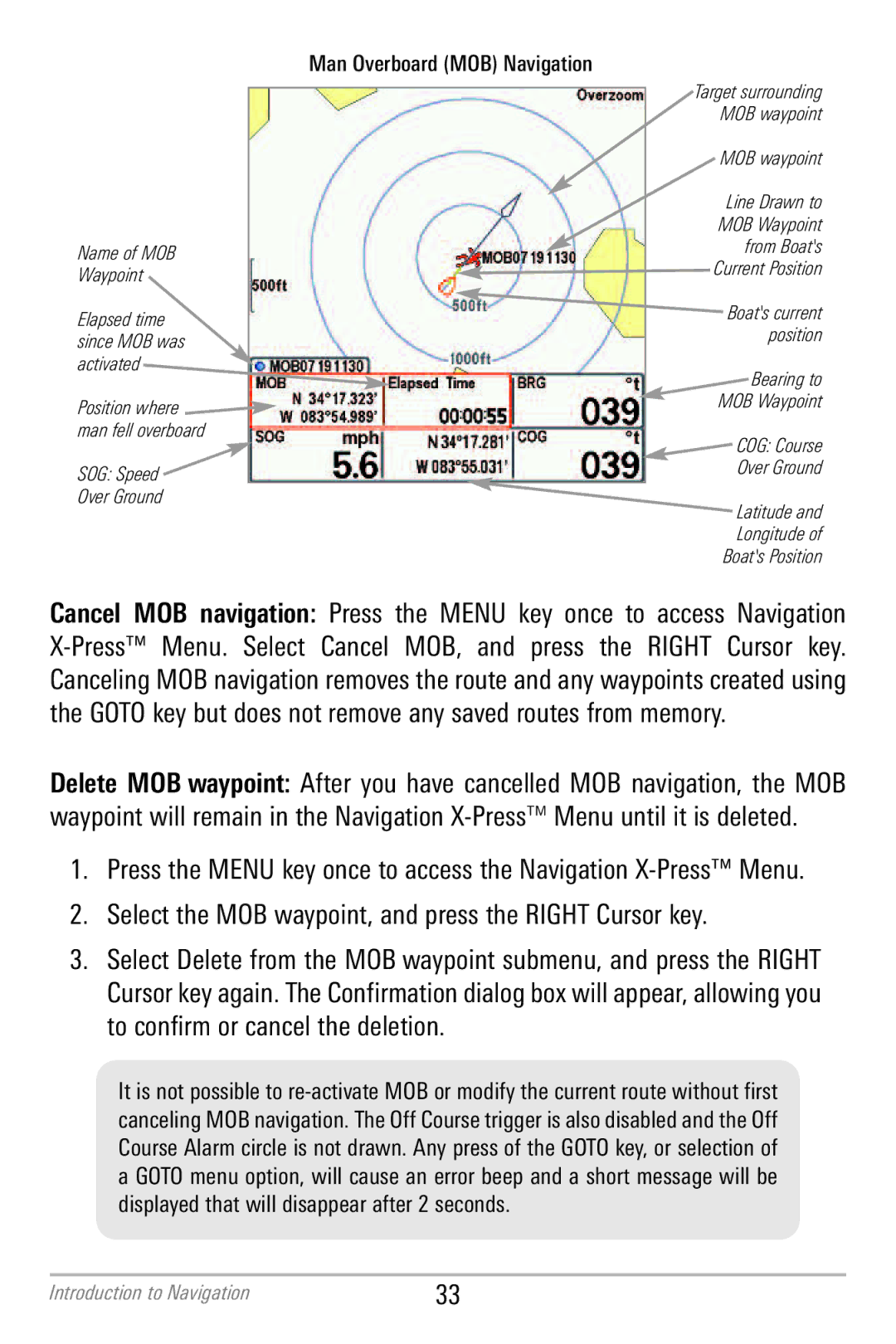 Humminbird 786CI manual Press Menu. Select Cancel MOB, and p ress th e 