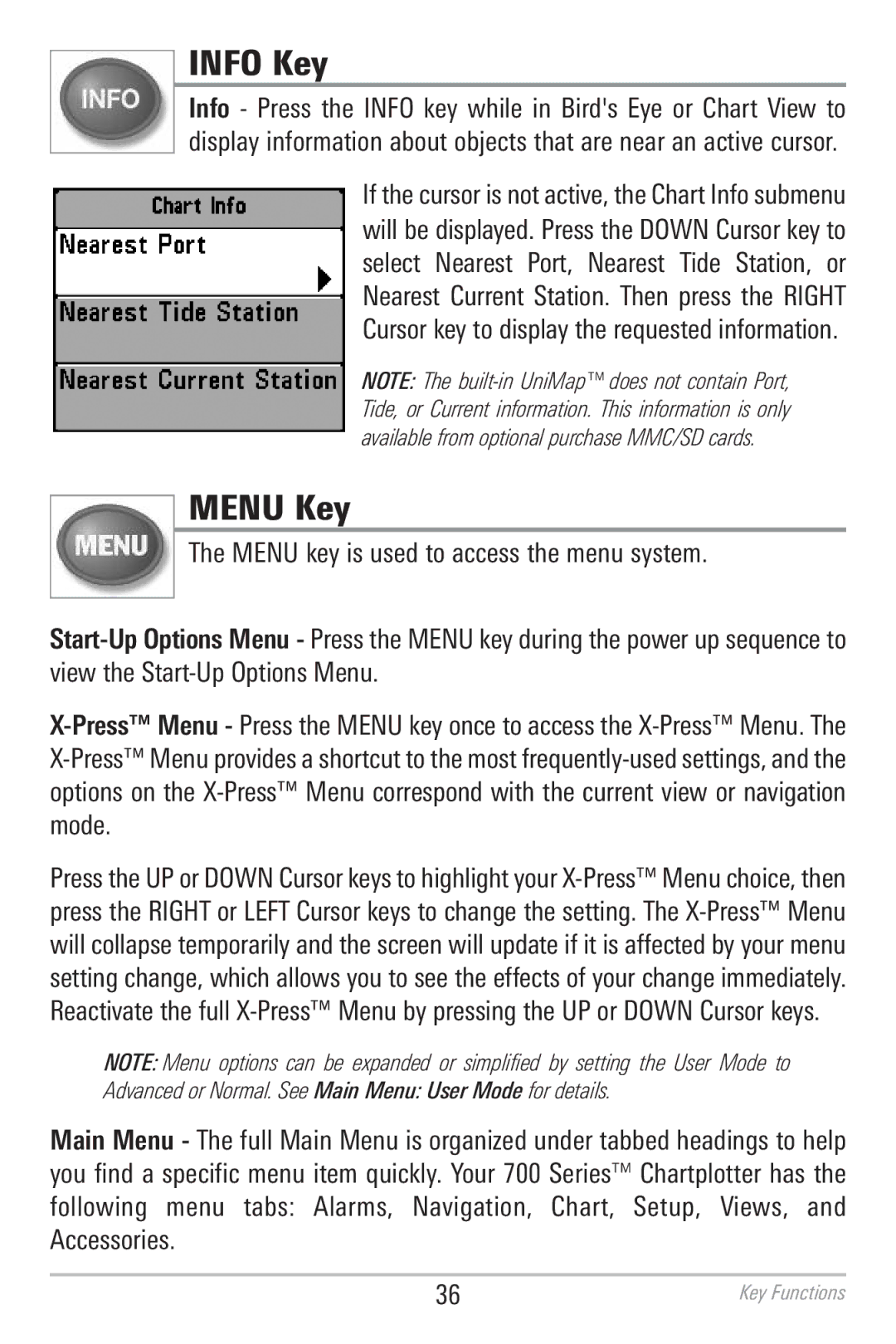 Humminbird 786CI manual Info Key, Menu Key 