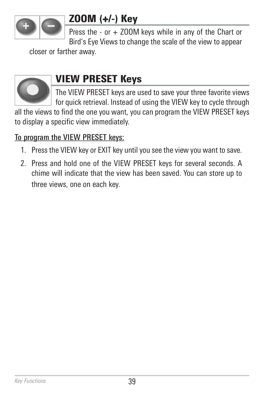 Humminbird 786CI manual Zoom +/- Key, View Preset Keys, Closer or farther away 