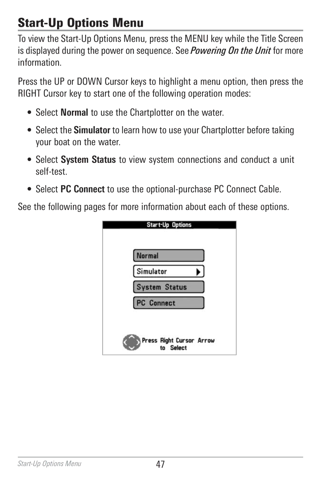 Humminbird 786CI manual Start-Up Options Menu 