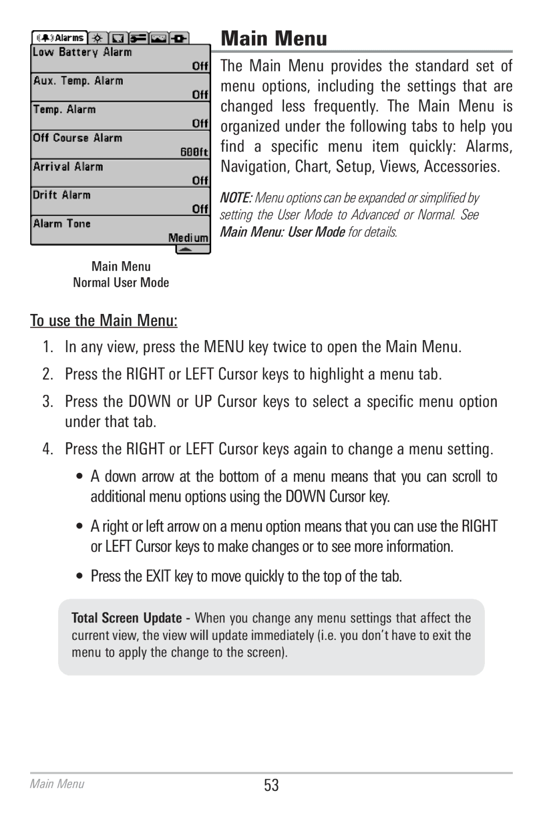 Humminbird 786CI manual Main Menu, Press the Exit key to move quicklyto the top of the tab 