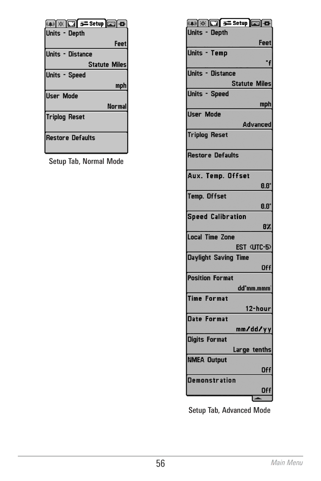 Humminbird 786CI manual Setup Tab, Normal Mode Setup Tab, Advanced Mode 