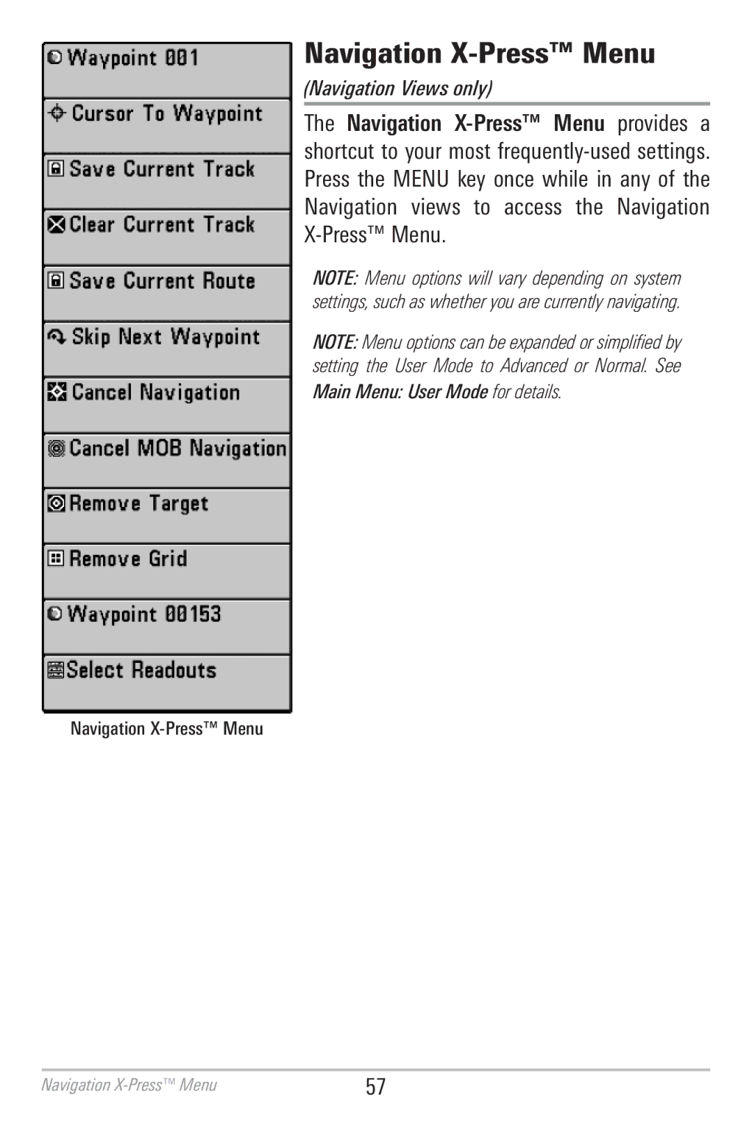 Humminbird 786CI manual Navigation X-Press Menu 