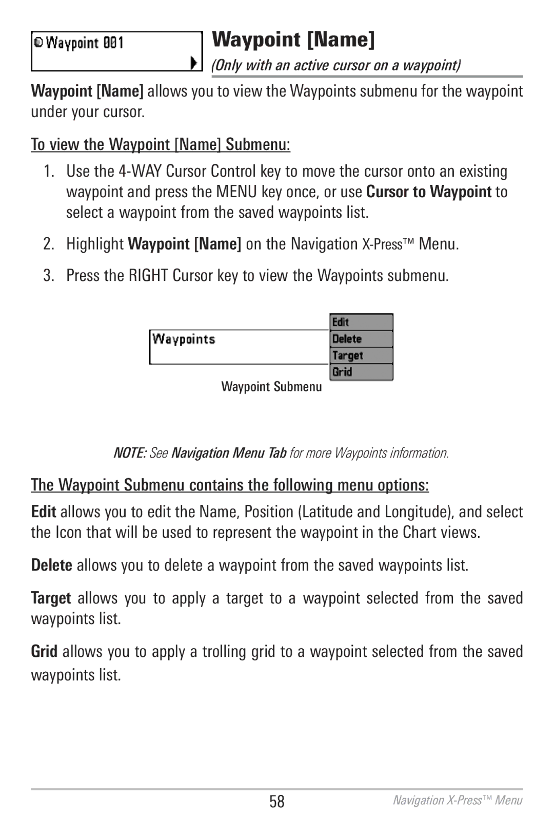 Humminbird 786CI manual Waypoint Name, Waypoint Submenu contains the following menu options 