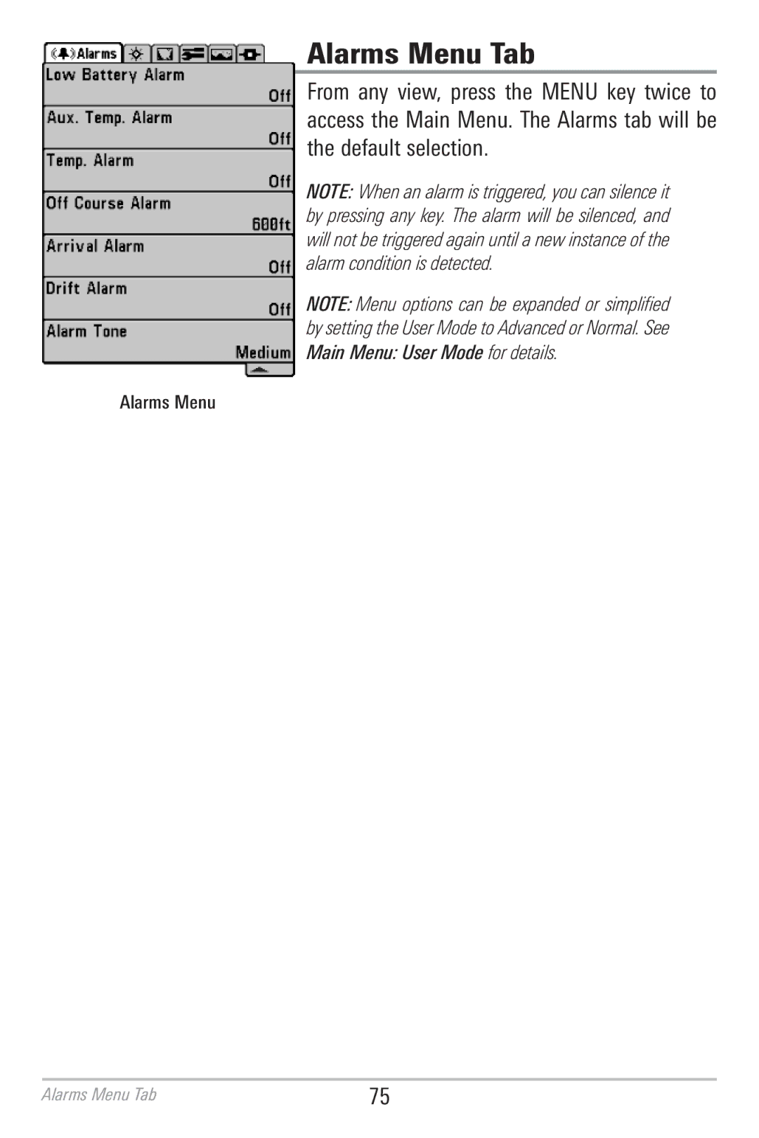 Humminbird 786CI manual Alarms Menu Tab 