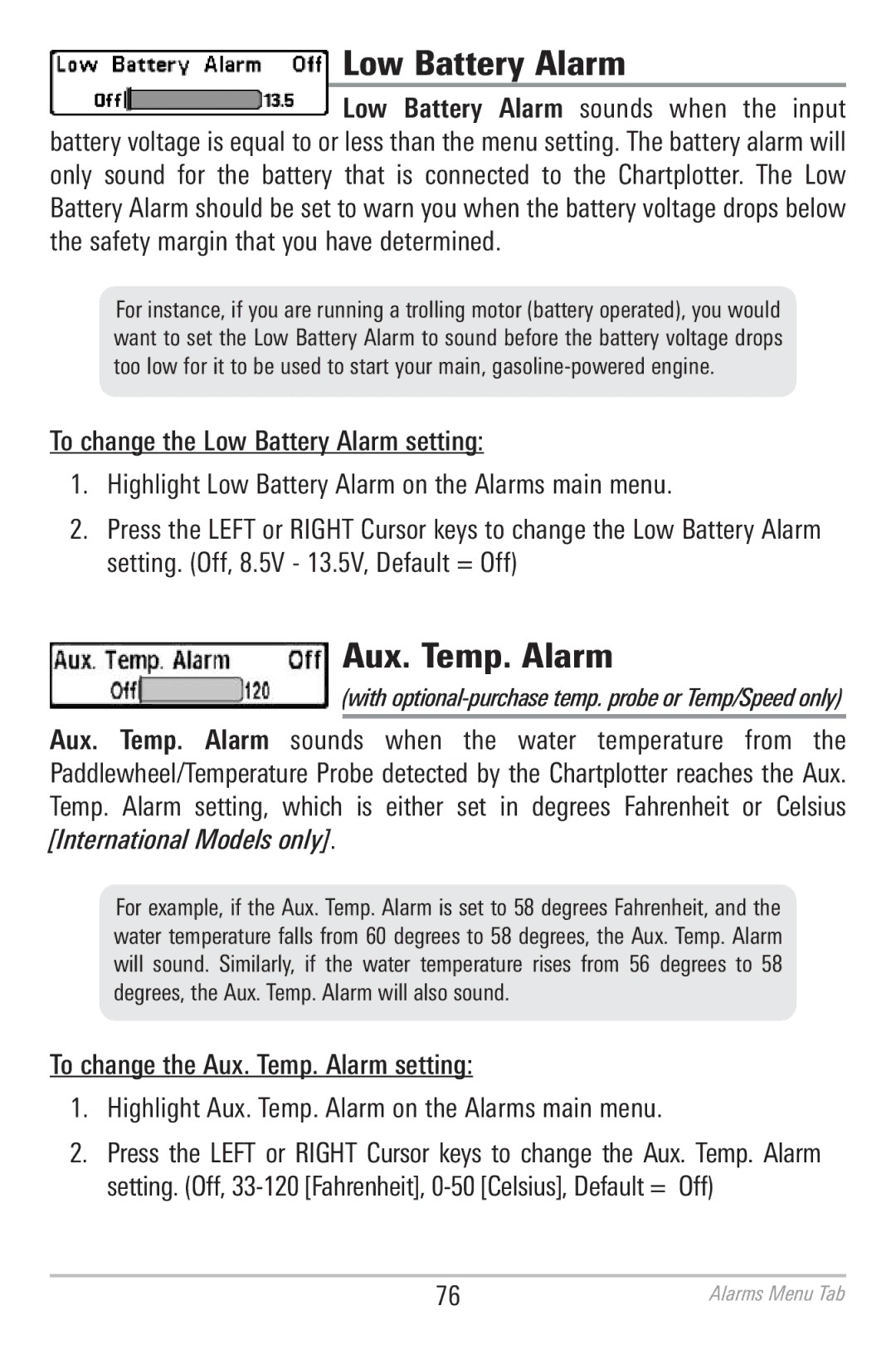 Humminbird 786CI manual Low Battery Alarm, Aux. Temp. Alarm 