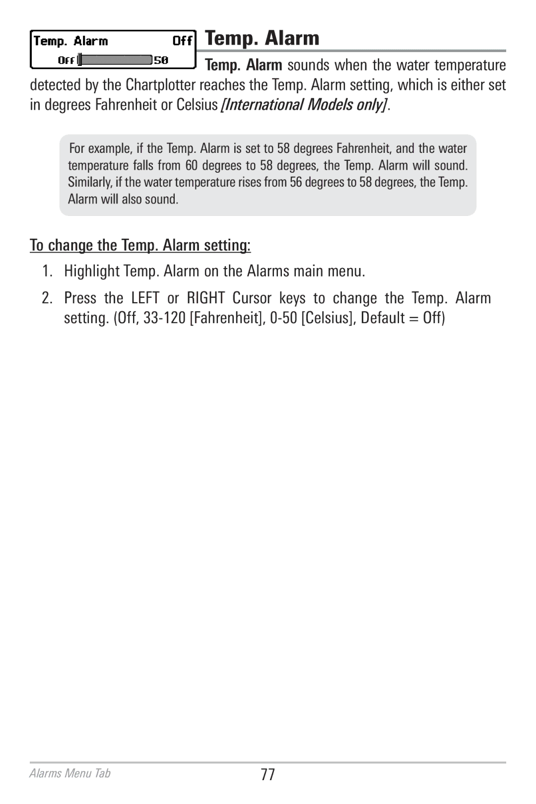 Humminbird 786CI manual Temp. Alarm 