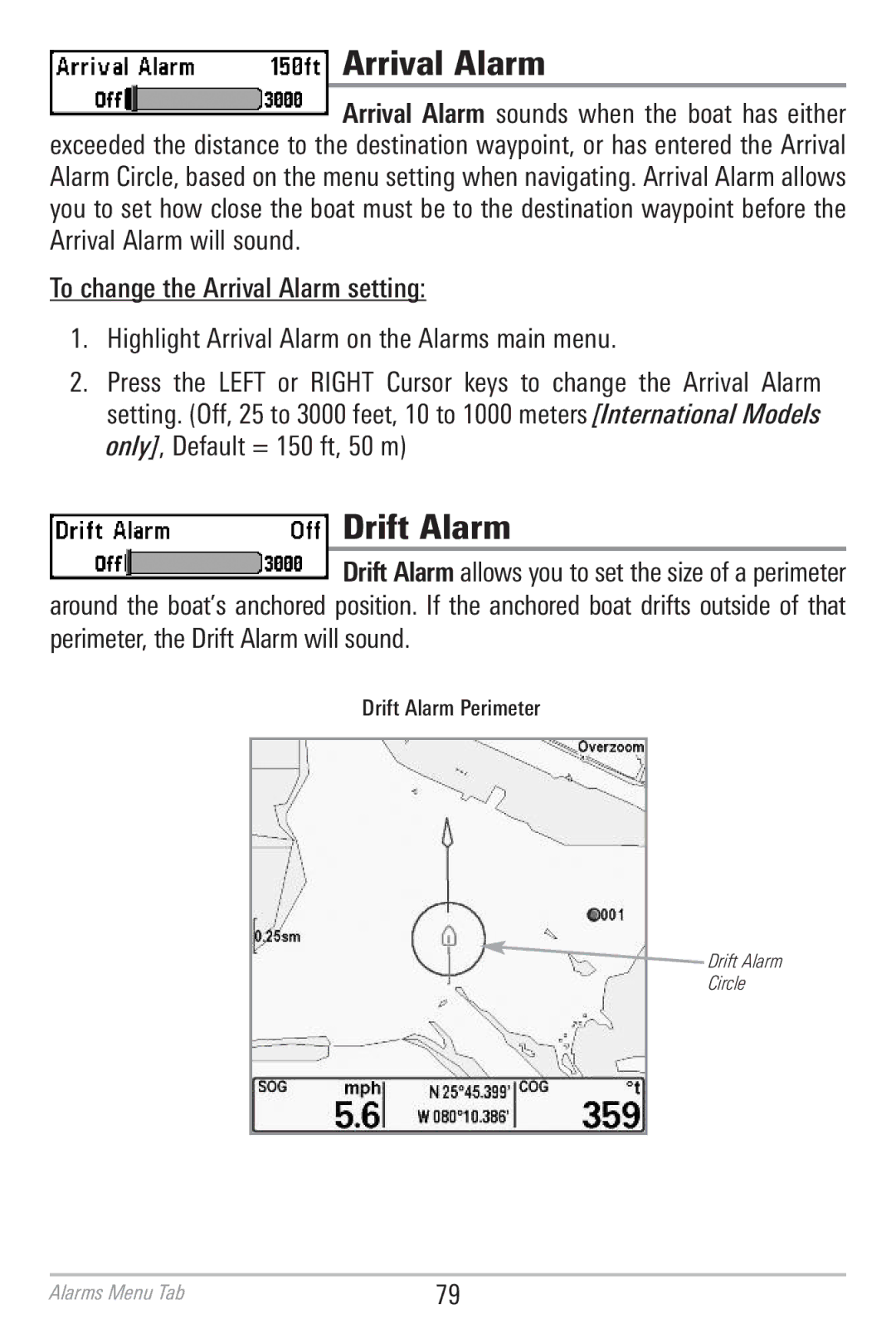 Humminbird 786CI manual Arrival Alarm, Drift Alarm 