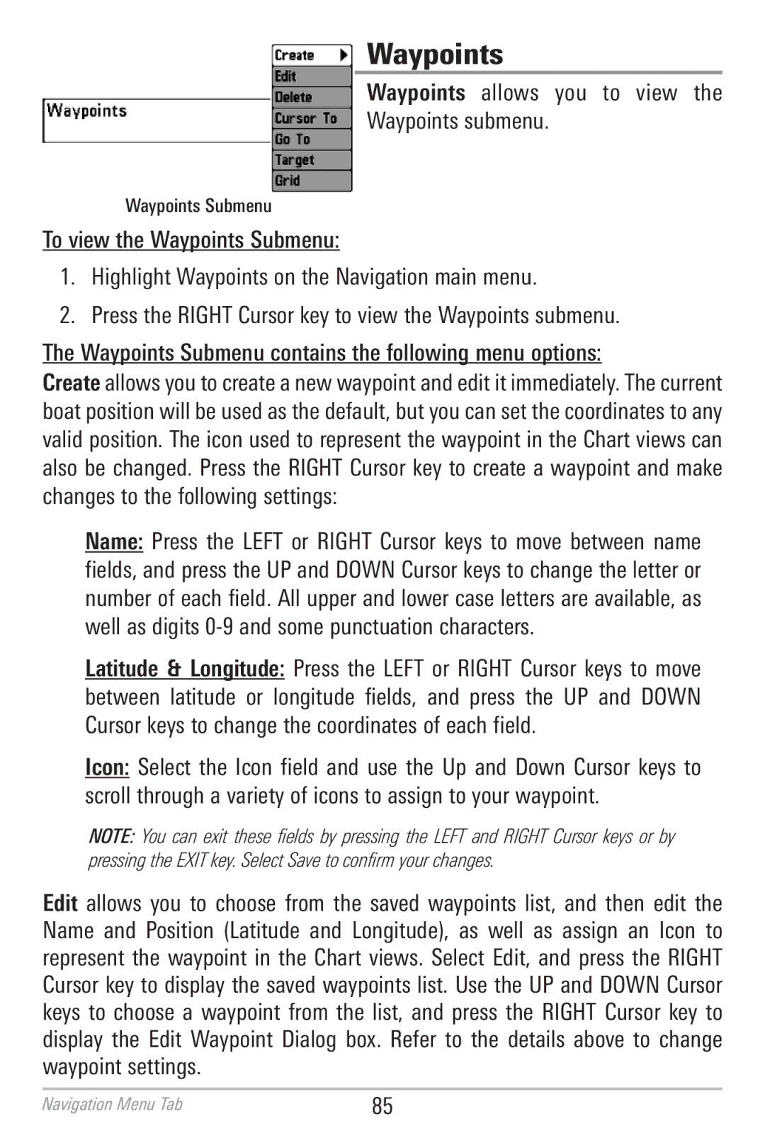 Humminbird 786CI manual Waypoints allows y ou to vi ew th e Waypoints submenu 