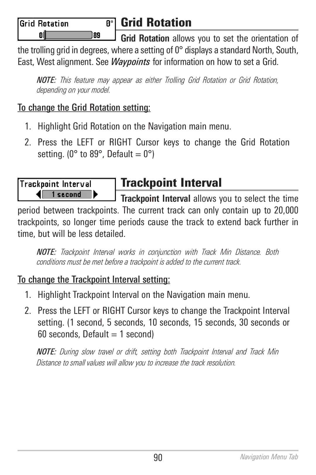 Humminbird 786CI manual Grid Rotation, Trackpoint Interval 