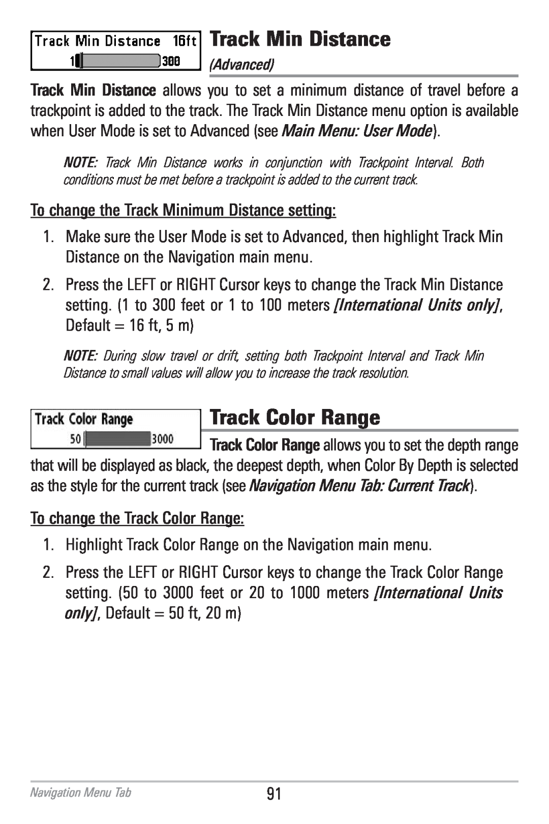 Humminbird 786CI manual Track Min Distance, Track Color Range 