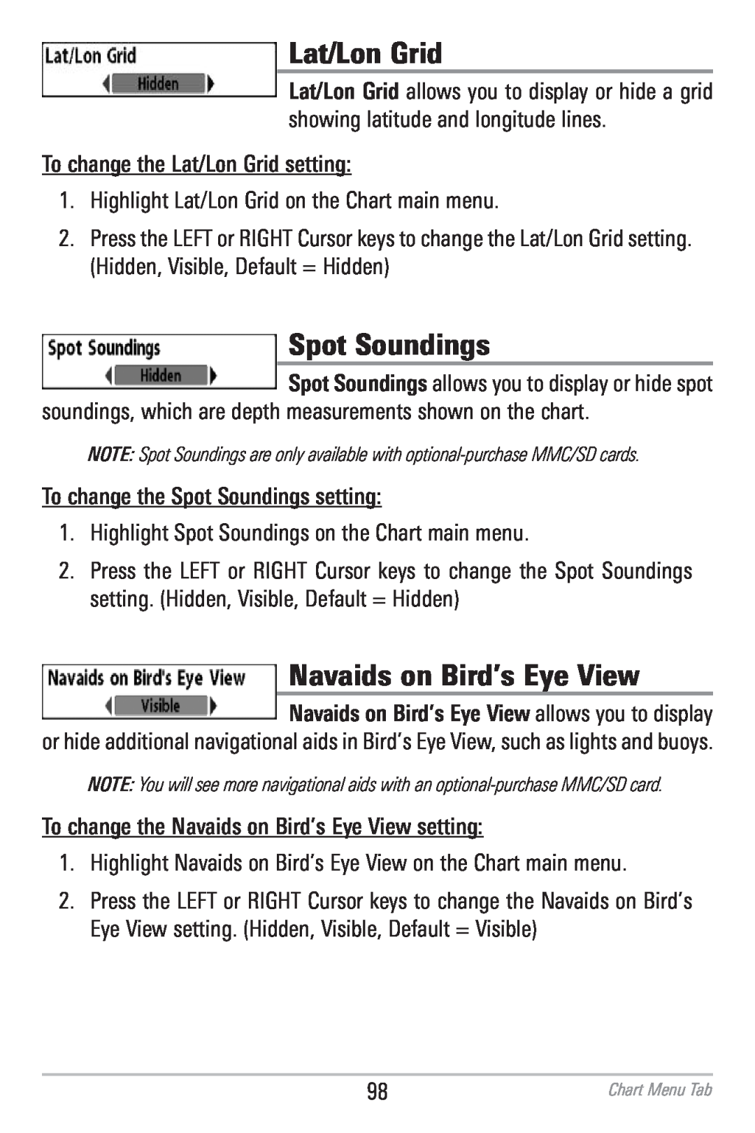 Humminbird 786CI manual Lat/Lon Grid, Spot Soundings, Navaids on Bird’s Eye View 