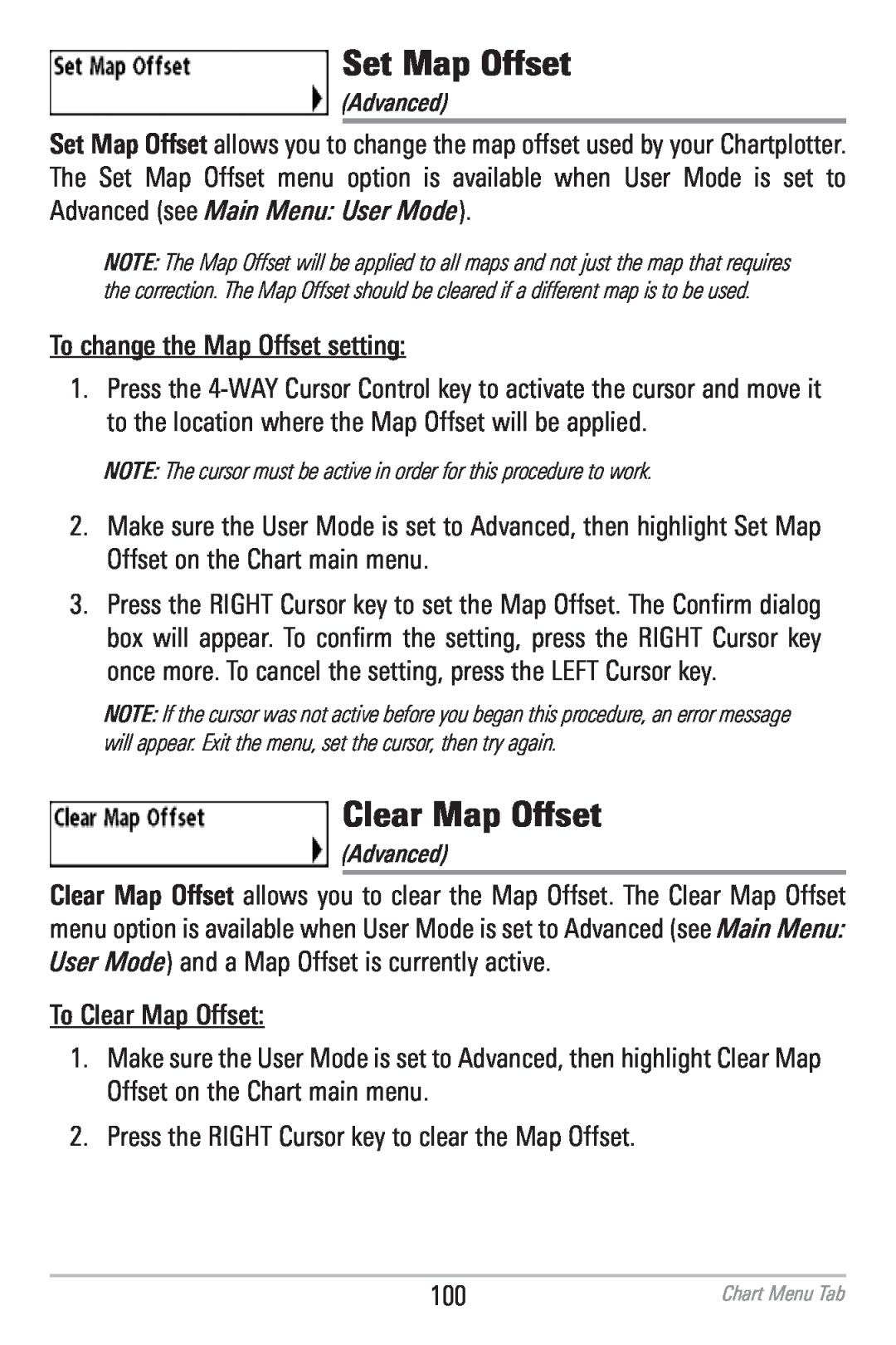 Humminbird 786CI manual Set Map Offset, Clear Map Offset 