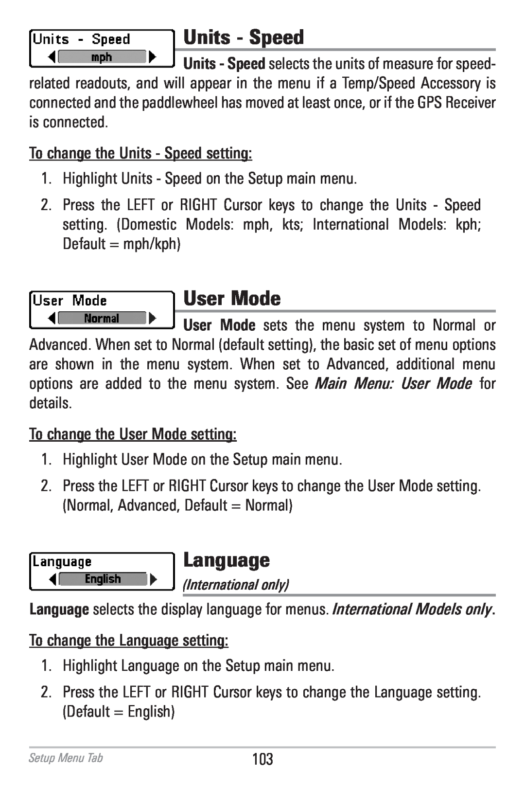 Humminbird 786CI manual Units - Speed, User Mode, Language 