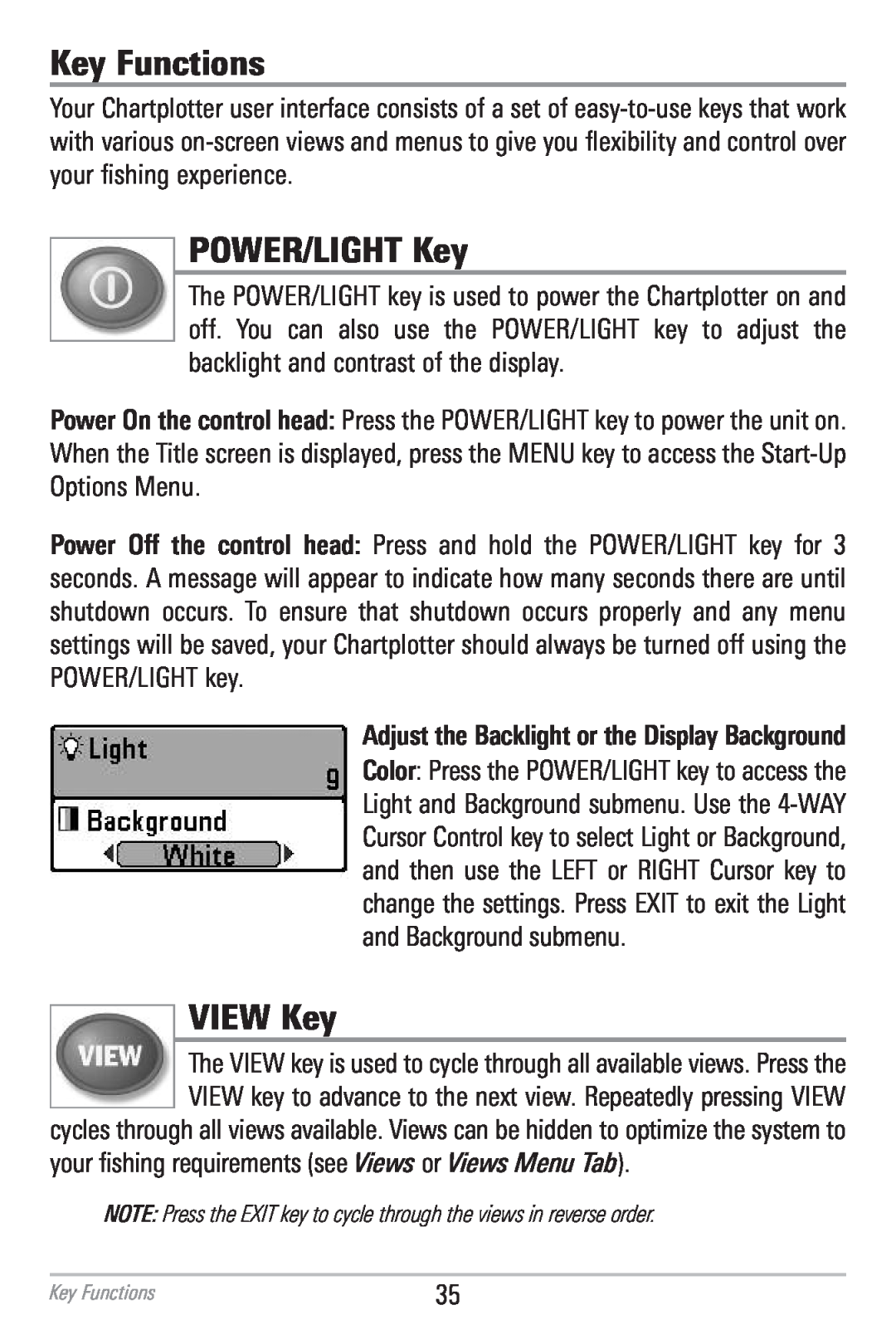 Humminbird 786CI manual Key Functions, POWER/LIGHT Key, VIEW Key, Adjust the Backlight or the Display Background 